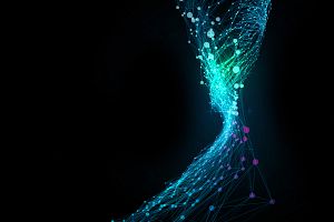 Abstract digital image of a swirling blue and cyan network of interconnected lines and purple nodes on a black background, resembling a dynamic data stream.