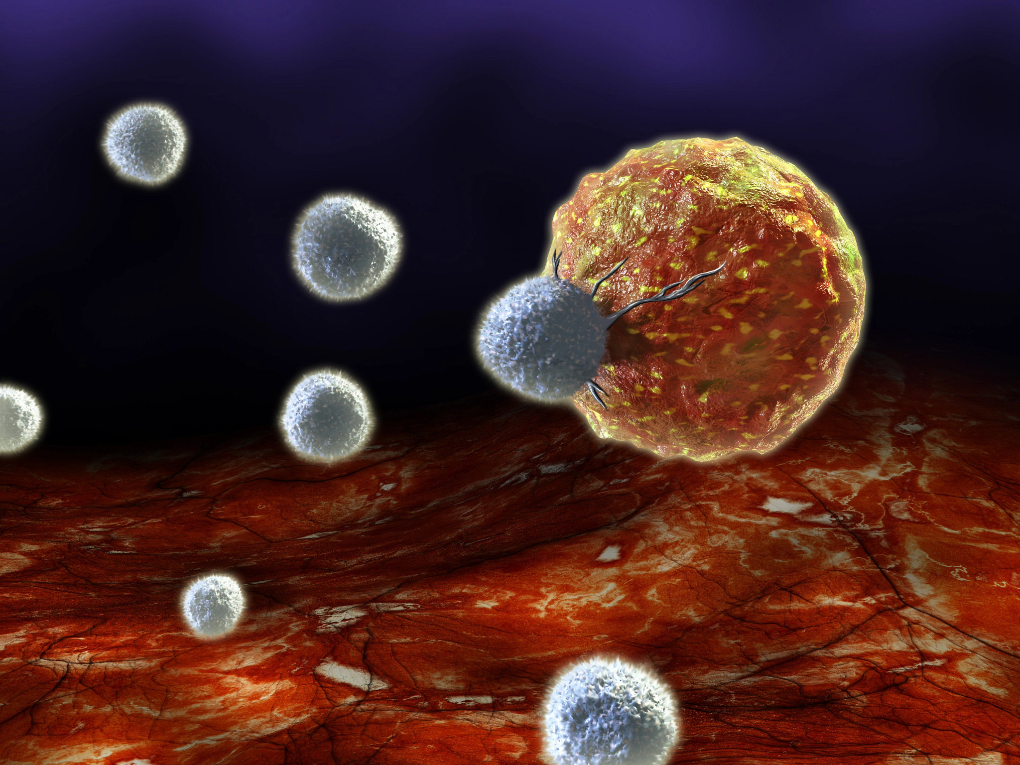 Digital illustration of T cells attacking a cancer cell.