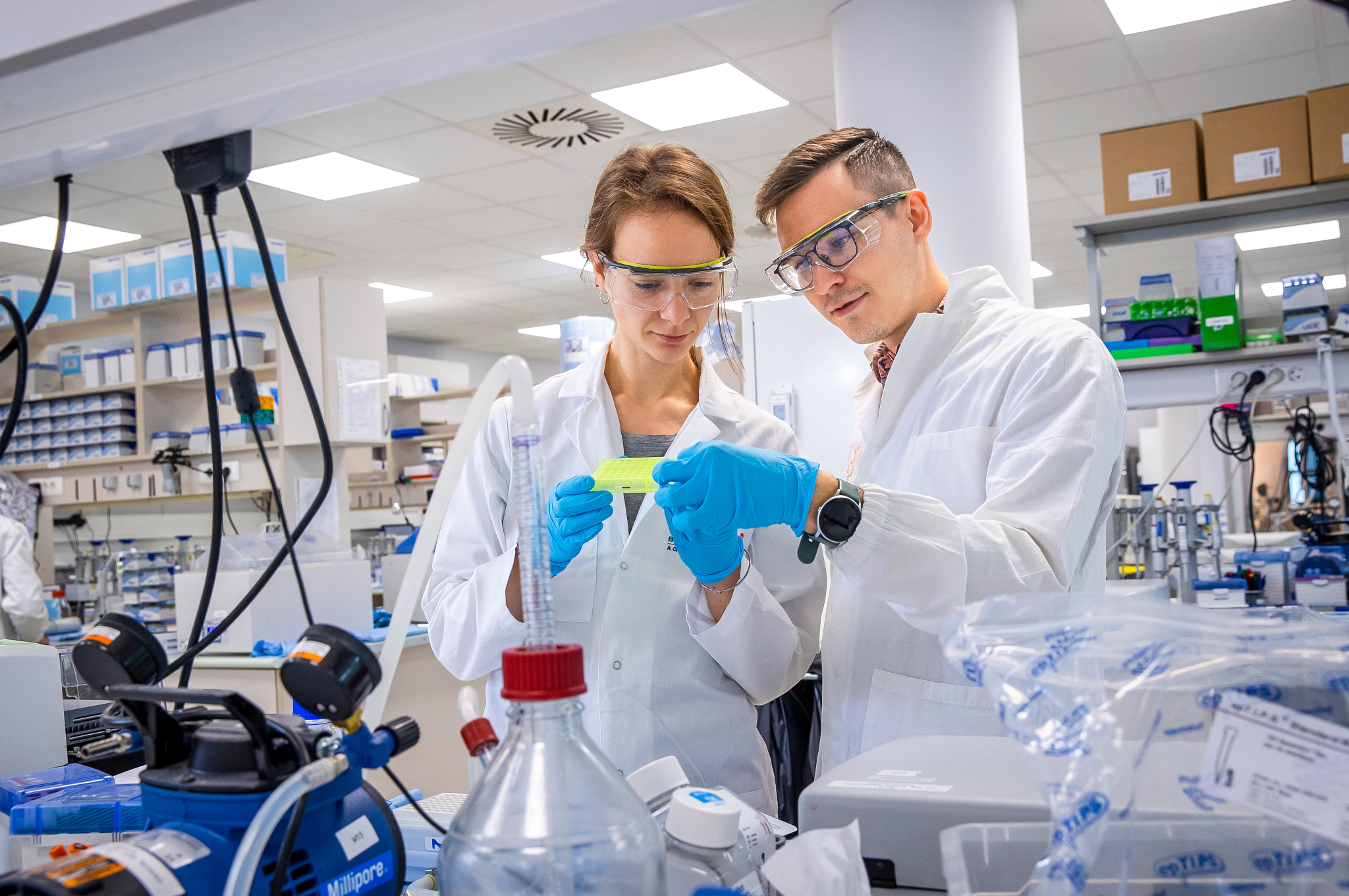 Preparing to run in vitro drug-drug interaction studies, two scientists observe an assay plate in a laboratory environment, surrounded by various pieces of equipment.