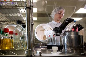 Charles River scientist in a lab working on analytical testing methods